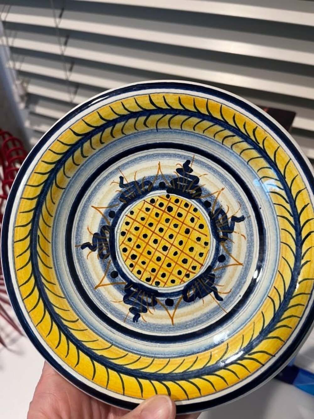 Vintage Italian Majolica Hand-Painted Ceramic Plate - Tuscan Yellow & Blue Art P